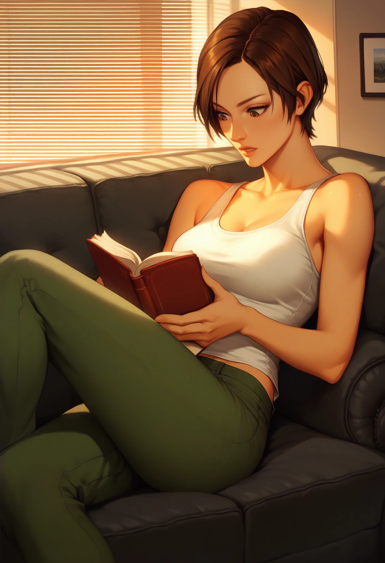 score_9, score_8_up, score_7_up, score_6_up, <lora:KeiNagase:0.9>, KeiNagase, 1girl, solo, brown hair, short hair, brown eyes, 
tank top, green pants,
lying, on couch, reading, holding book, 
BREAK indoors, sunset, office, couch,