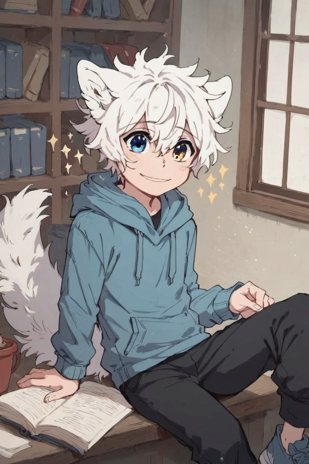 score_9, score_8_up, score_7_up, Concept Art, cartoon, 1boy, young, solo, male focus, Lumine, wolf boy, wolf's ears, white hair, messy hair, heterochromia, blue eyes, wolf's tail, blue hoodie, hood, black pants, wide smile, sparkles, Expressive, in room, indoors, <lora:add-detail-xl:0.8>, <lora:Expressive_H:0.8>, <lora:Lumine_Human:0.8>, <lora:Concept Art Style SDXL_LoRA_Pony Diffusion V6 XL:0.8>