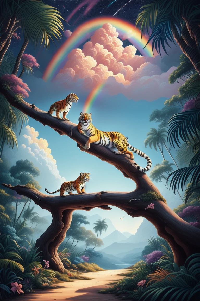 a painting of a tiger on log and a bird in a tropical scene with a rainbow sky and stars and a rainbow - colored bird, Chris LaBrooy, highly detailed digital art, computer graphics, psychedelic art, sparkles