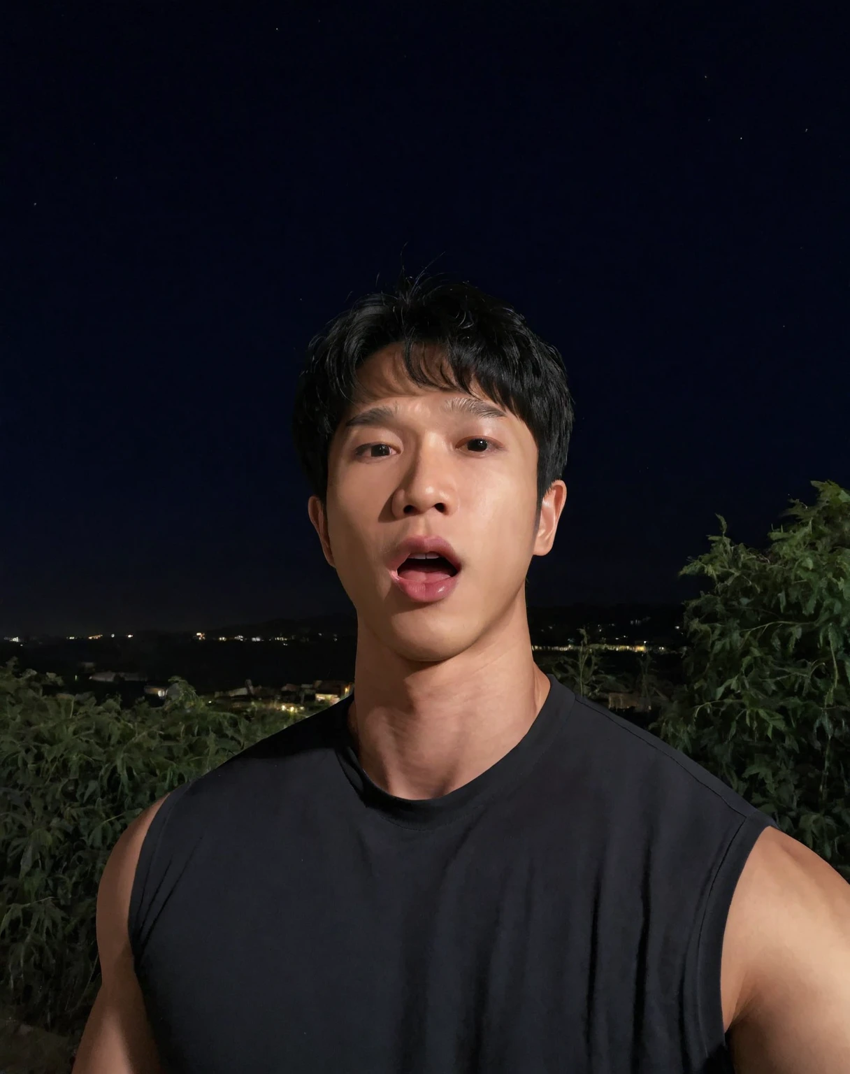 jasper_liu, asian, 1boy, male focus, solo, open mouth, realistic, black eyes, shirt, night, looking at viewer, black hair, black shirt, outdoors, short hair, muscular, broad shoulders