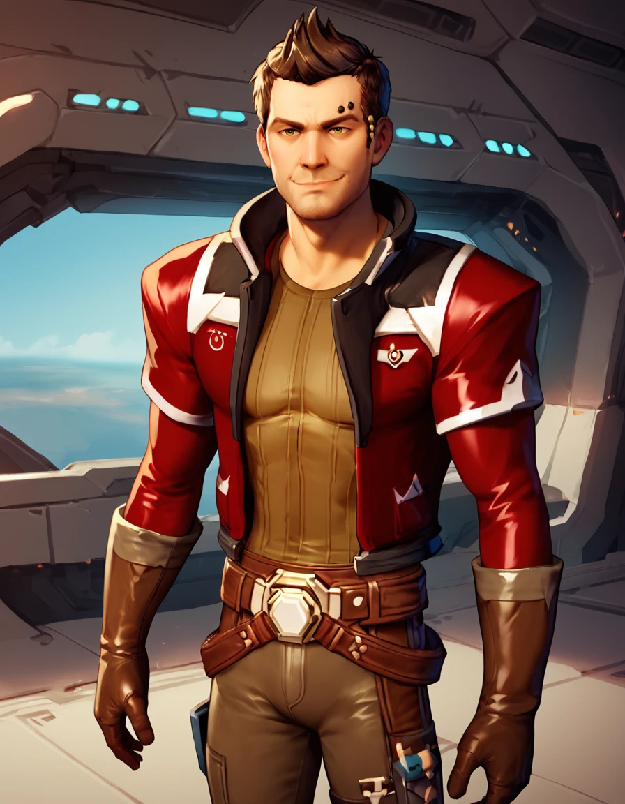 high quality, realistic, masterpiece, score_9, score_8_up, score_7_up, score_6_up, score_5_up, male focus, spacecraft
BREAK <lora:SWTOR_-_Theron_Shan_-_Pony_3-000012:0.8>, (theronshan, cybernetic, male, fauxhawk, brown hair, olive eyes, red jacket, brown gloves, brown shirt, belt, brown pants, black boots), smirk, portrait, close-up