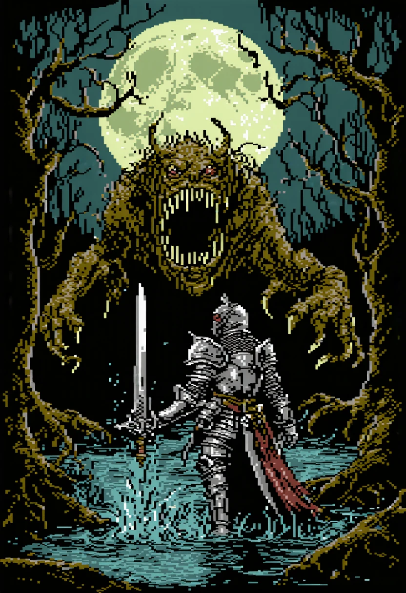 c64style, A medieval knight clad in gleaming armor stands valiantly with a sword raised, battling a large and grotesque swamp monster at night. The full moon casts a cold, silvery light across the dark, murky swamp. The swamp monster, with slimy, scaly skin, glowing eyes, and sharp claws, rises menacingly from the water. Around them, twisted trees loom over the scene, their gnarled branches reaching into the misty night air.