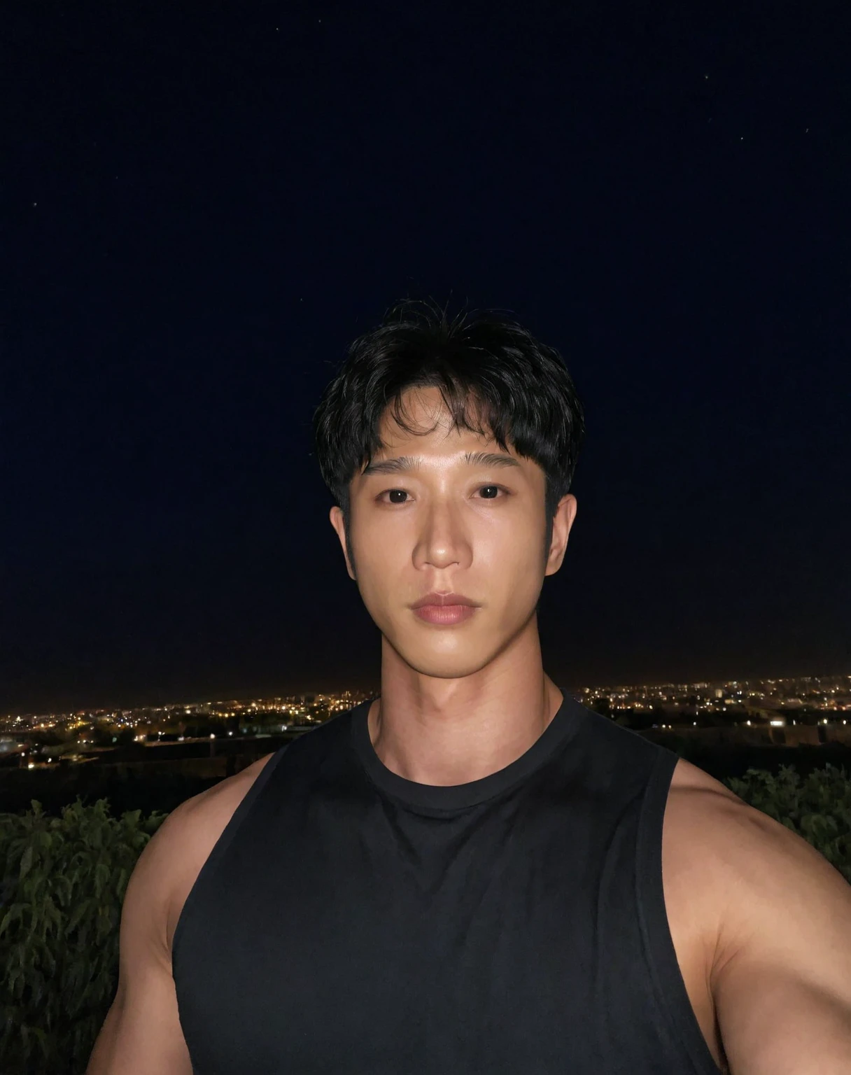 jasper_liu, asian, 1boy, solo, closed mouth, realistic, black eyes, shirt, night, looking at viewer, black hair, black shirt, sleeveless shirt, outdoors, short hair, muscular, broad shoulders