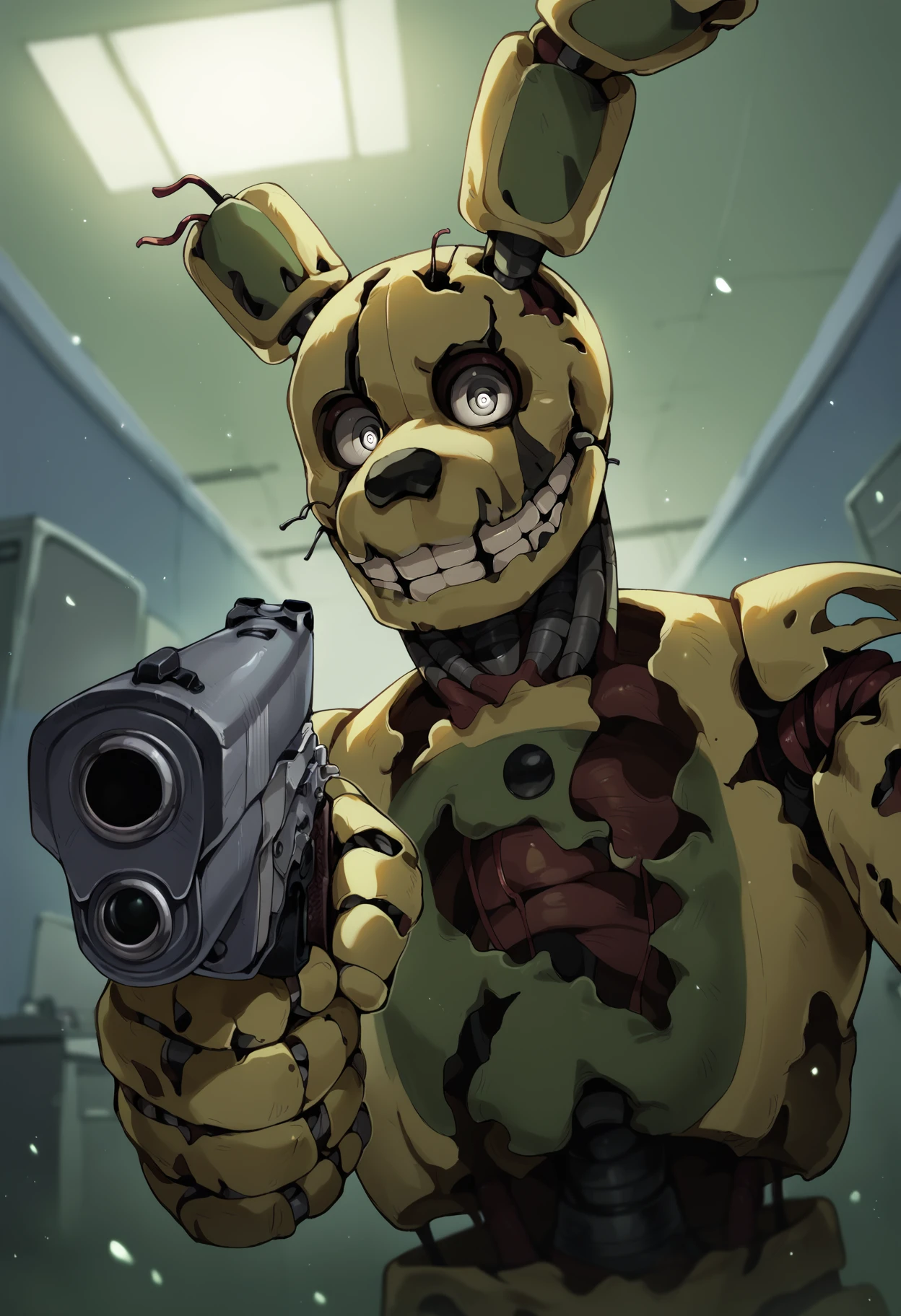 score_9, score_8_up, score_7_up, score_6_up, high quality, high res, solo, highly detailed face, fnaf, close-up, male focus, (springtrap, animatronic), (teeth), (closed mouth) <lora:Springtrap_v4:0.98>