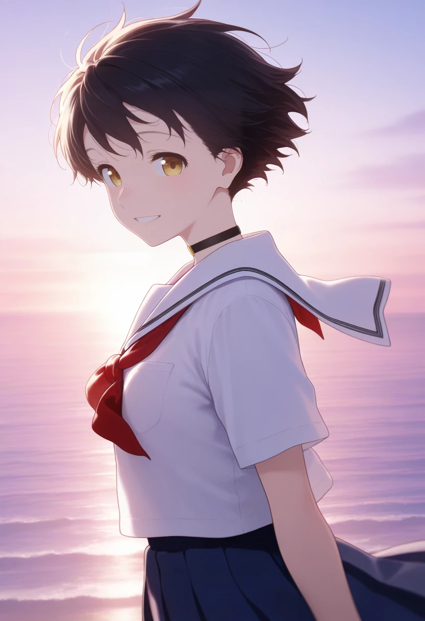 1girl, sahara miyoko, black hair, brown eyes, looking at viewer, shirt, short hair, (freckles, :1.2), tomboy, small breasts, <lora:sahara_miyoko-05:1>, school uniform, serafuku, red neckerchief, white sailor collar, short sleeves, white shirt, blue pleated skirt, looking at viewer, solo, black choker, cowboy shot, floating hair, hood down, ocean, outdoors, sky, smile, teeth, upper body, water, volumetric lighting, shiny skin, humid skin, BREAK, best quality, amazing quality, highres, absurdres, very aesthetic, high resolution, ultra detailed, perfect details <lora:nyalia:0.4>