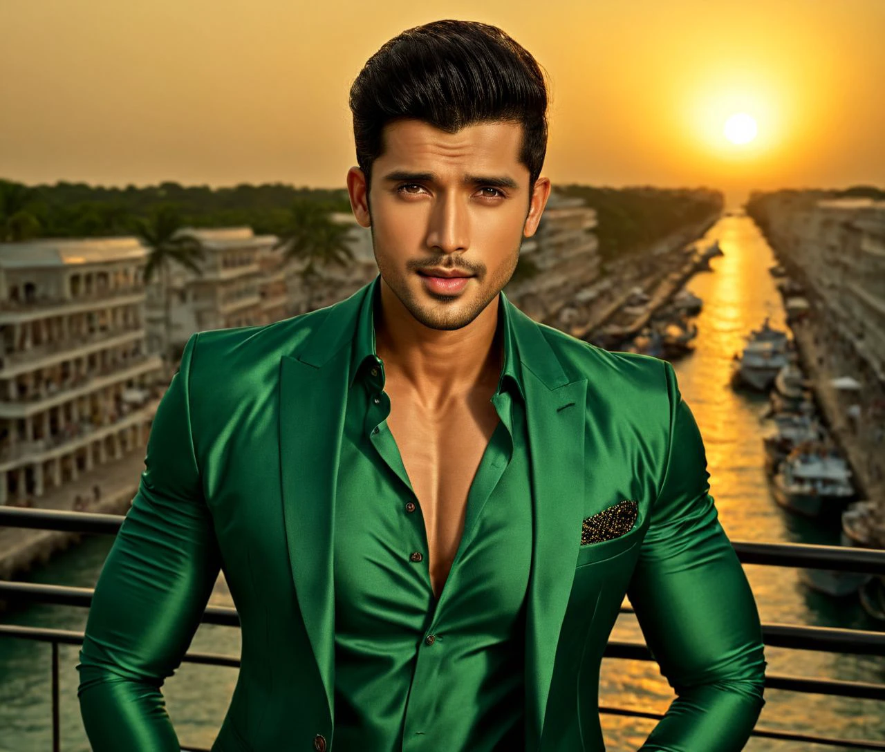 Nautical-themed (Photo:1.3) of (Ultrarealistic:1.3) <lora:Man_Men_FFashion:1> Paras Kalnawat a man <lora:Paras-Kalnawat-000001:1>, in a green suit standing on a balcony, handsome man, attractive man, handsome male, sun behind him, inspired by Pablo Munoz Gomez, shot at golden hour, editorial photograph, midshot of a hunky, by Roman Bezpalkiv, by Artur Tarnowski, maxim sukharev, by Gabor Szikszai,Highly Detailed,(Mono Color:1.3) . Sea, ocean, ships, maritime, beach, marine life, highly detailed