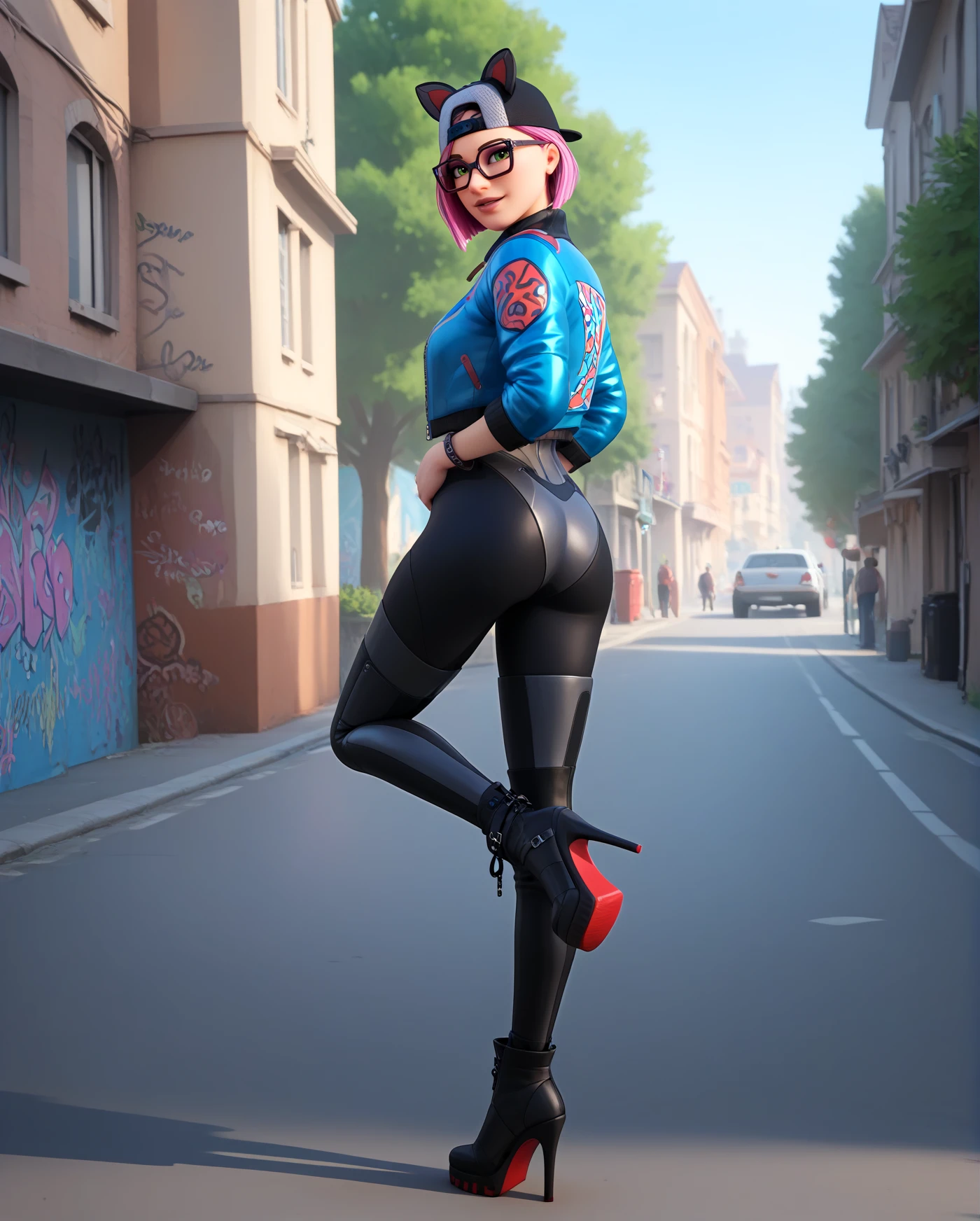 score_9, score_8_up, score_7_up, score_6_up, 3d,
<lora:P-Lynx_fortnite:1>, L7NX, black hat, animal ears, fake animal ears, short hair, pink hair, glasses, black framed eyewear, green eyes,
blue jacket, black bodysuit, black leggings, white thighhighs,
<lora:cl-thighboots:0.2>, leather boots, platform boots, thigh boots, high heels, (zipper:0.9),
standing, medium breasts, seductive smile, parted lips, eyelashes, from behind, ass,
street background, depth of field, graffiti, highly colorful, vibrant graffiti, blue sky, tree, distant buildings, colored graffiti,