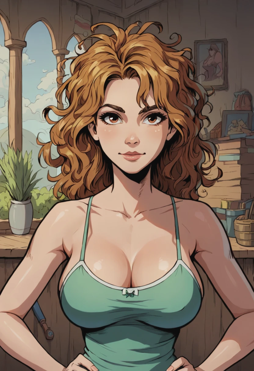 score_9, score_8_up, score_7_up, 1girl, large_breasts, portrait, solo, looking_at_viewer, open_eyes, Sitting with hands on hips, panorama, (Mauve Camisole), messy hair, Eton crop, Golden Brown hair, clubroom, face, rating_safe, <lora:akabur-siserg_mix_pony:1.0>