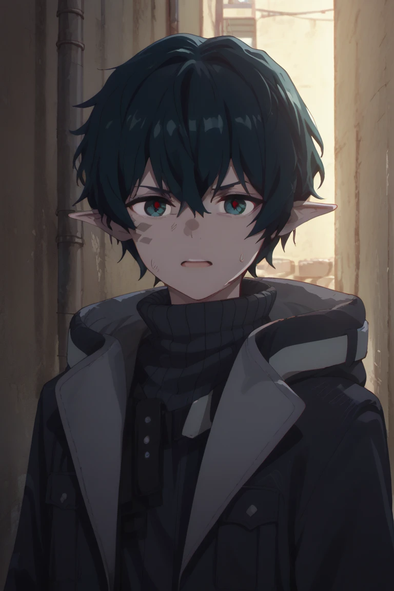 score_9, score_8_up, score_7_up, score_6_up, score_5_up,score_4_up , 
faust, green hair, green eyes, pointy ears, scales, 1boy, male focus, solo, looking at viewer, hair between eyes, sweatdrop, alley, anime coloring, open mouth, bangs, short hair, portrait, turtleneck, jacket