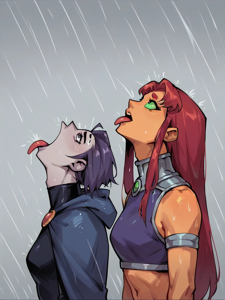 score_9, score_8_up, score_7_up, score_6_up, score_5_up,   <lora:VIRmemeXLP:0.6> vir, rain, looking up, 2girls, tongue out, starfire, raven