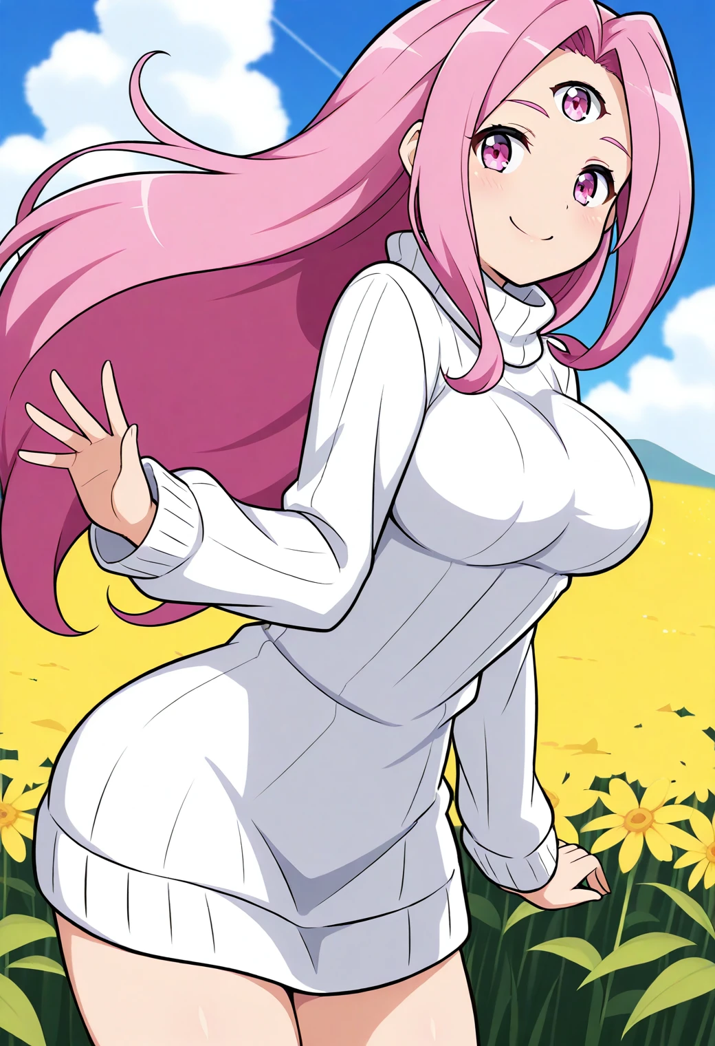 1girl, solo, (field:1.2), (blue sky:1.2), looking at viewer, smile, 
magicaldrop_world, third eye, pink eyes, pink hair, long hair, white sweater, sweater dress, ribbed sweater, turtleneck, long sleeves, <lora:magicaldrop_world_illustrious_ver1:0.8>, masterpiece, best quality, general,, (cowboy shot, dynamic pose:1.2),