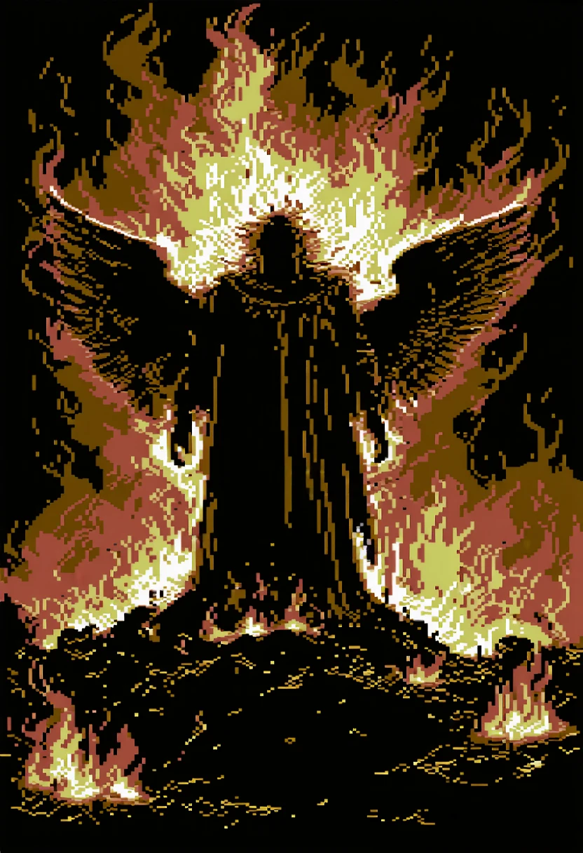 c64style, a figure emerging from fiery ashes, surrounded by embers and smoke. Wings or flames could be visible, capturing the moment of rebirth