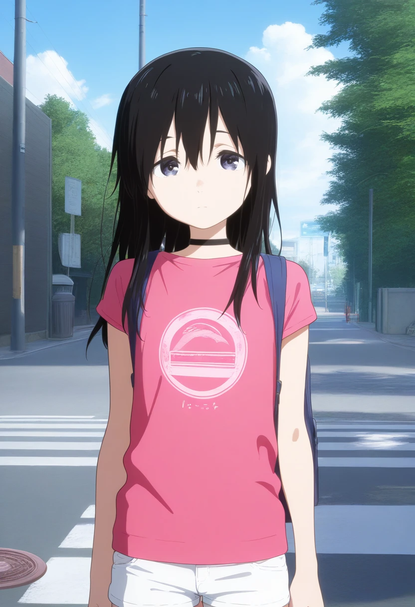 1girl, ueno naoka, child, long hair, black hair, bangs, hair between eyes, flat chest, <lora:Ueno_Naoka2-06:1>, pink shirt, short sleeves, white shorts, print shirt, looking at viewer, solo, black choker, cowboy shot, bag, blue sky, bookbag, cloud, crosswalk, dated, day, lamppost, manhole, outdoors, road sign, scenery, trash can, tree, volumetric lighting, shiny skin, humid skin, BREAK, best quality, amazing quality, highres, absurdres, very aesthetic, high resolution, ultra detailed, perfect details <lora:nyalia:0.4>