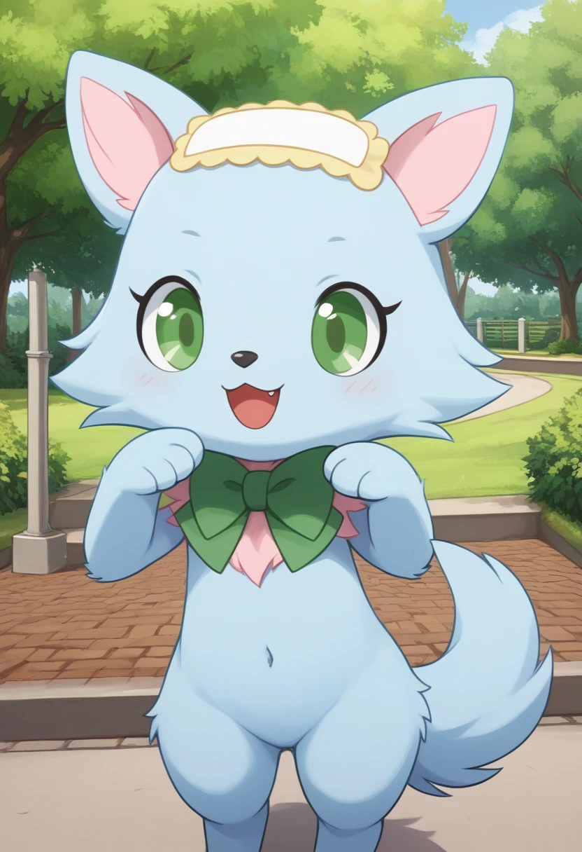 score_9, score_8_up, score_7_up, score_6_up, score_5_up, BREAK
m1lky, anthro, female, jewelpet, solo, bow, green eyes, green bowtie, no humans, :3, park, blue fur, standing, happy, smile, open mouth, 