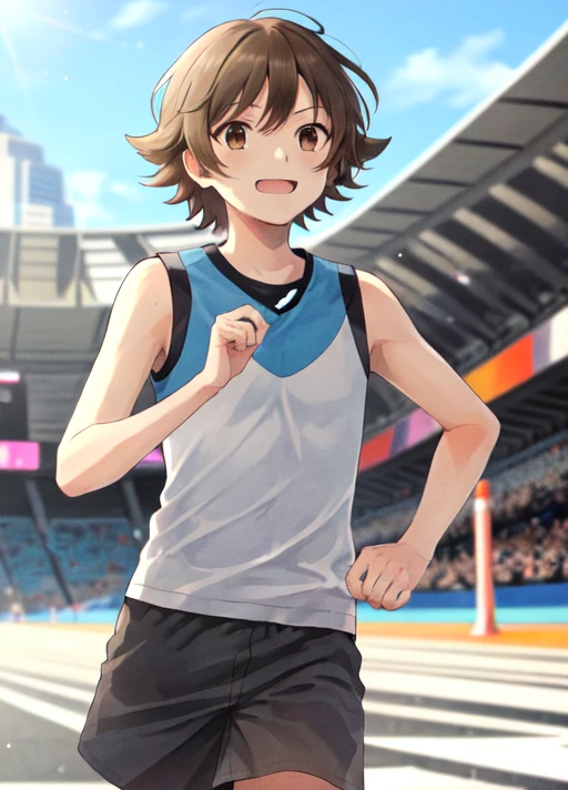 <lora:HilbertBW:0.8>, HilbertBW, brown hair, brown eyes, solo, 1boy, white shirt, sleeveless, blu shorts, red sneakers, running in a marathon arena