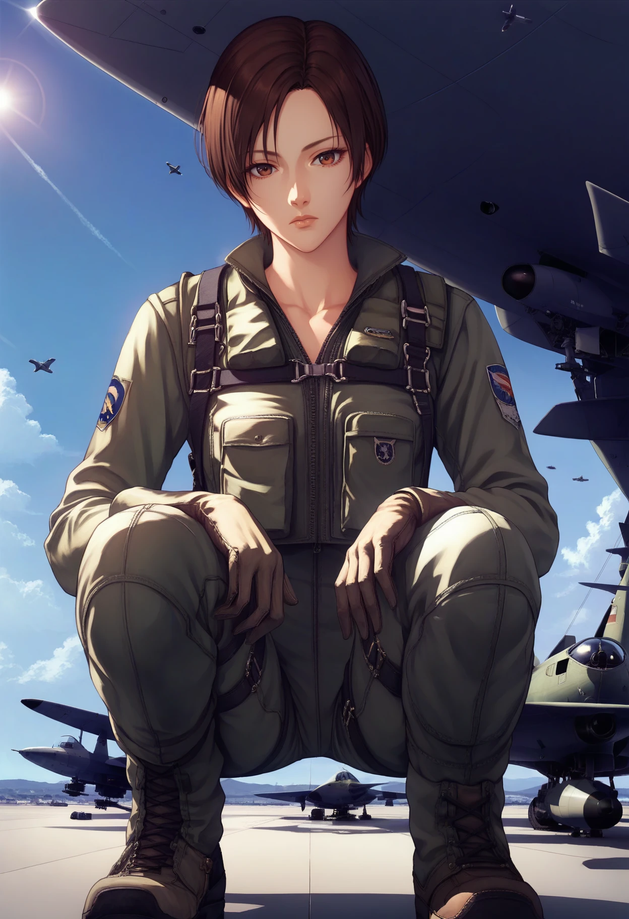 score_9, score_8_up, score_7_up, score_6_up, <lora:KeiNagase:0.9>, KeiNagase, 1girl, solo, brown hair, short hair, brown eyes, 
pilot suit, long sleeves, gloves,
squatting, looking at viewer, expressionless, 
BREAK sky, day, blue sky, sunlight, sunbeam, aircraft, airfield,