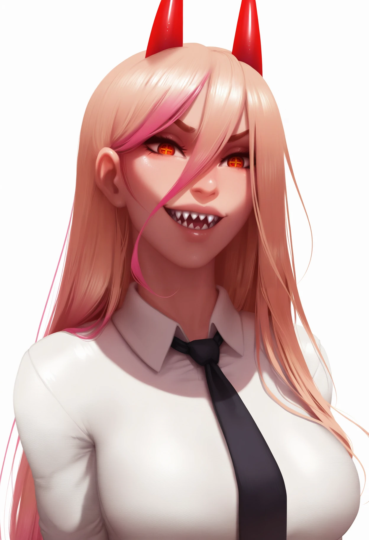 luminyu, best quality, amazing quality, very aesthetic, absurdres,
1girl, power \(chainsaw man\), pink hair, blonde hair, red horns, red eyes, cross-shaped pupils, long hair, sharp teeth, hair between eyes, symbol-shaped pupils,
collared shirt, black necktie, long sleeves,
looking at viewer, white shirt, open mouth,
simple background, white background, smile, upper body  <lora:LuminyuIllustriousXL_byKonan:1>