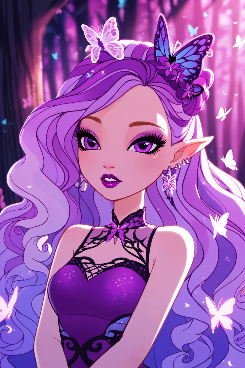 score_9, score_8_up, score_8, <lora:everafterhigh:0.8>, everafterhigh, 1girl, pointy ears, bug, solo, butterfly, hair ornament, jewelry, earrings, purple eyes, long hair, hair flower, flower, upper body, parted lips, makeup, elf, glowing, purple hair, purple flower, nature, forest, purple butterfly, purple theme, dress, piercing, wavy hair, purple dress, blurry background, ear piercing, lipstick