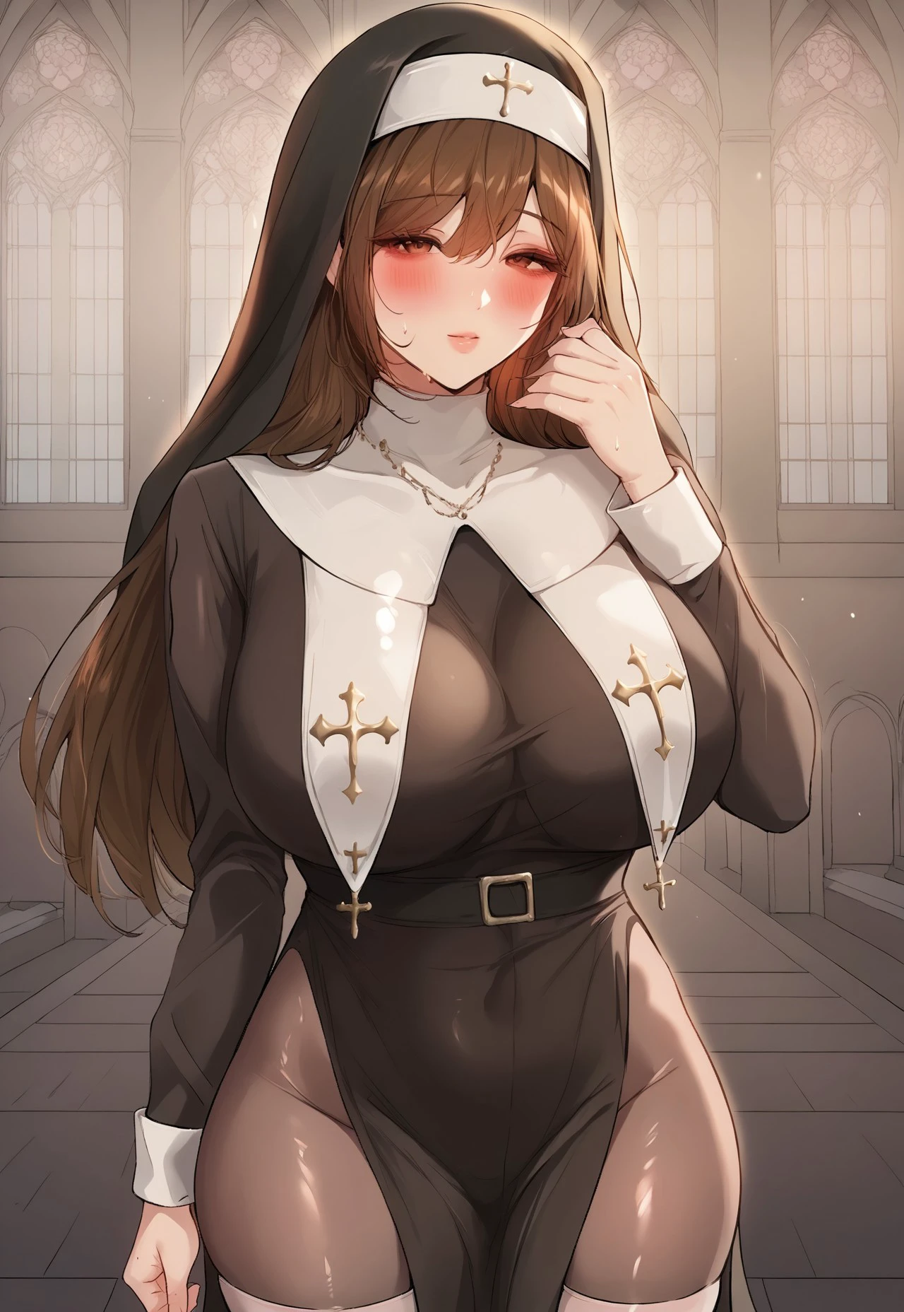 safe_pos, score_9, score_8_up, score_7_up, source_anime, best quality, masterpiece, high quality, incredible detail, high detail, break, <lora:mommy:1>, mommy, beautiful skin, 1girl, nun, brown hair, long hair,blush, looking at viewer, white thighhighs,ruanyi0847,bodysuit,breast curtains,dress,nun,pantyhose,pelvic curtain,sweat,church