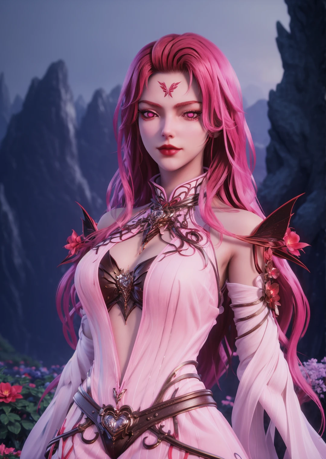 1girl,solo,long hair,pink hair,pink eyes,heart-shaped pupils,red lips,forehead mark,closed mouth,disdain,dress,looking at viewer,outdoors,nature,flower,scenery,fantasy,((glowing)),(blurry),depth of field,simple background,cowboy shot,from below,3d,Highly detailed,(ultra-detailed),(best quality,masterpiece:1.5),<lora:xidi:0.7>,