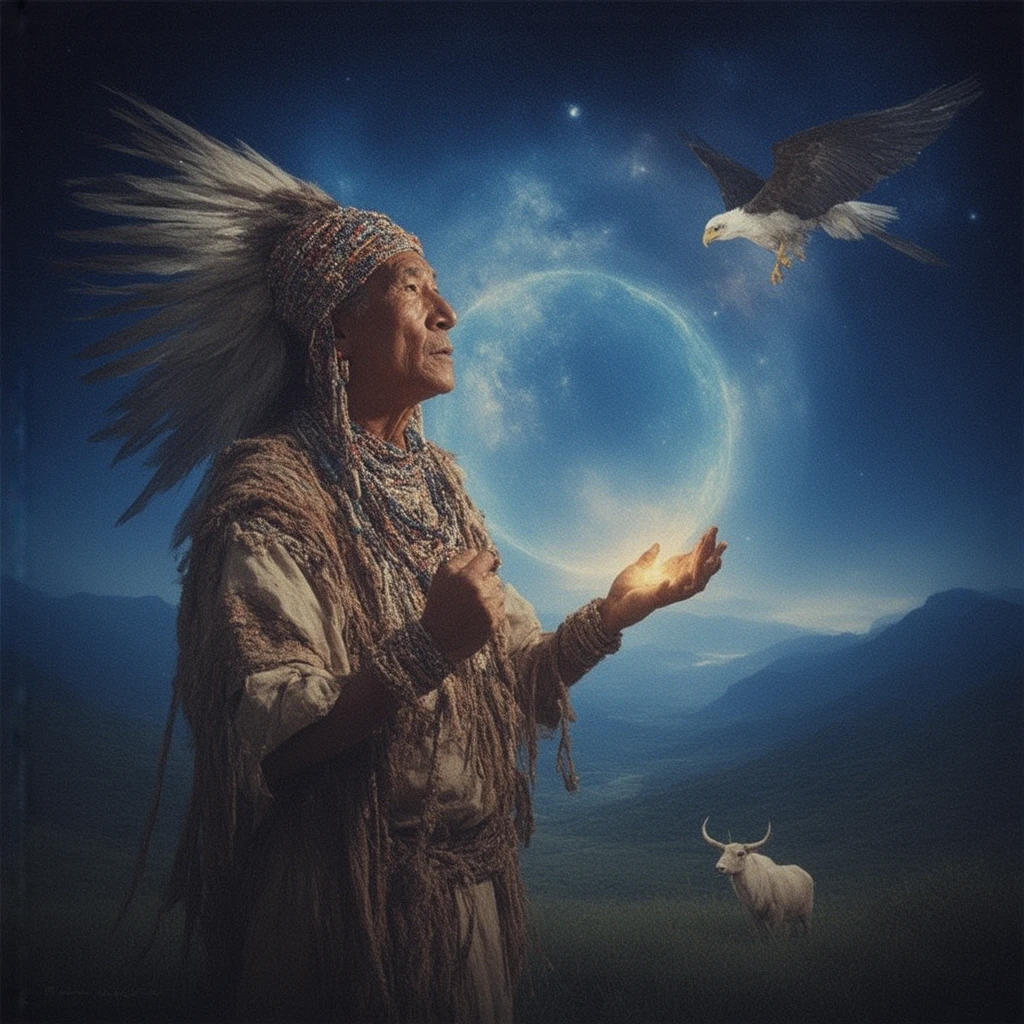 In this striking and vibrant surreal digital artwork, a wise Native American elder takes center stage, embodying a profound connection to ancestral traditions. He is resplendent in his traditional tribal attire, which includes a magnificent headdress adorned with an array of colorful feathers that sway gently with the unseen breeze. A richly detailed beaded necklace drapes around his neck, each bead telling a story steeped in cultural significance, and a beautifully woven striped vest envelops his strong frame, capturing the essence of his heritage. The elder’s face, etched with the wisdom of many years, radiates a serene, mystical expression that exudes tranquility and strength, as if he holds the secrets of the universe within his gaze.

Surrounding him is a radiant, glowing halo that flickers softly, imbued with ethereal light, casting a warm, inviting ambiance around the elder. His arms are outstretched wide, palms open and adorned with intricate patterns and ancient symbols that tell tales of his people and their profound connection to the earth, as if he is invoking the spirits of nature in a sacred ritual.

Above the elder's head, a magnificent eagle soars, its powerful wings fully spread, embodying the essence of freedom and spiritual linkage to the natural world. The bird's feathers shimmer in the starlight, symbolizing the sacred bond between the celestial and earthly realms. 

The background is a mesmerizing tapestry painted with a starry night sky, where countless constellations twinkle vibrantly, and floating planets add an otherworldly touch, enhancing the mystical aura of the scene. A stunning rainbow arches gracefully across the horizon, its colors vivid and alive, symbolizing the hope and unity that bridges all beings of this world.

Below, the earth is richly depicted with lush, verdant landscapes and rolling hills that stretch far and wide, blending seamlessly into the ethereal glow that emanates from the elder's presence. The vibrant greens of the grass and the earthy browns of the soil create a beautiful contrast against the otherworldly light, emphasizing the harmony between the natural and the mystical.

In the foreground, a majestic white buffalo stands proudly, its pure fur almost luminescent under the starlight, symbolizing not only strength and wisdom but also the sacredness of life and the enduring spirit of indigenous cultures. The mood that envelops this artwork is one of deep spiritual enlightenment, a profound interconnectedness with nature, and a heartfelt reverence for the rich tapestry of indigenous traditions and spirituality, inviting viewers to reflect on their own place within the universe.