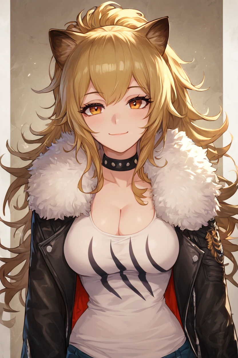 score_9, score_8_up, score_8, medium breasts, (curvy), cute, eyelashes,       ,,, , ,,,  zzSiege, blonde hair, cat ears, jacket, choker, large breasts, fur trim, black jacket, tank top, fur-trimmed jacket, black choker, cleavage,  <lora:Siege_Arknights_PDXL:1.0>,   ,,,, BREAK, <lora:Afrobull_PDXL_v5:0.8>,  ,,, BREAK, smile, looking at viewer, closed mouth, cowboy shot,  ,,, embedding:zPDXL, Expressiveh, ,,, <lora:SDXLFaeTastic2400:0.5>, <lora:Expressive_H-000001:0.4>,