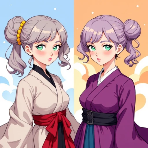 both with strikingly different appearances.   The woman on the left has light gray hair styled in elegant, which are accentuated with long, dark purple, featuring a red obi tied in the back., wavy lavender hair styled in a messy bun adorned with a yellow scrunchie. She has large, ornate outfit that combines traditional and modern elements., giving her a youthful, anime-inspired art style. The subject is a young woman with an ethereal