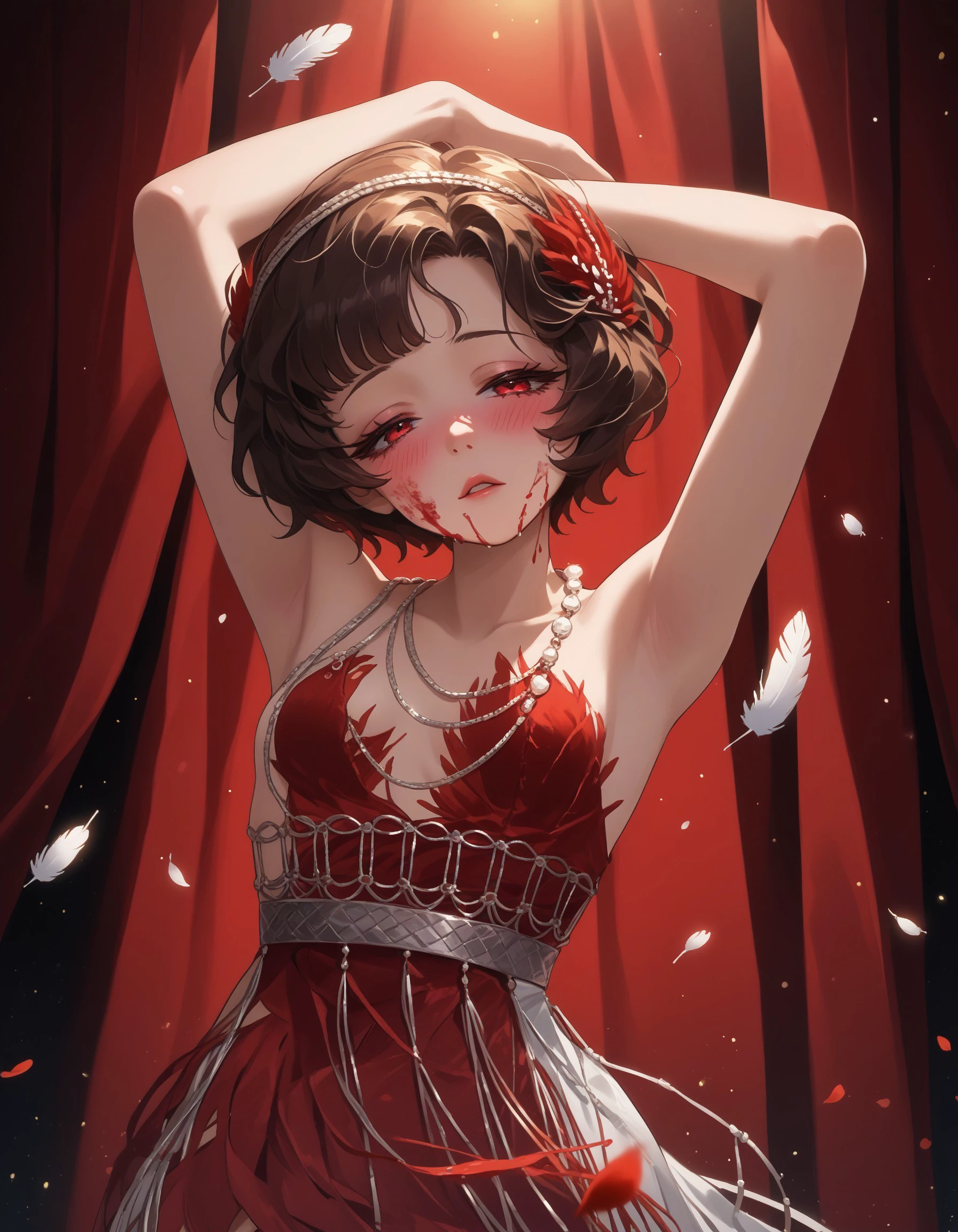 score_9, score_8_up, score_7_up, score_6_up, source_anime, red curtains, spotlight, backlighting, dark background, red background,
BREAK
1girl, schndef, short hair, feather hair ornament, white hairband, red eyes, small breasts, feather dress, necklace, wide hips, narrow waist, arms up, arms above head, armpits, looking at viewer, half-closed eyes, parted lips, blush, head tilt, (falling feathers, light particles, falling petals), (blood on face, blood on clothes, blood covered),
<lora:r1999schneider-pdxl-ravenfoot-v1-CAME:1.0>