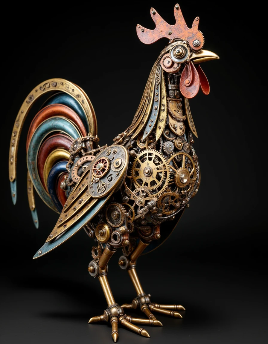 clckwrk, steampunk rooster with vibrant metal feathers crafted from layered gears and clockwork components, proud stance with brass body and copper cogs, sharp beak made from silver, expressive eyes, lifelike clockwork aesthetic, medium shot, dramatic lighting, high-definition,  <lora:mechanica_v42_rank32_bf16-step00456:1>