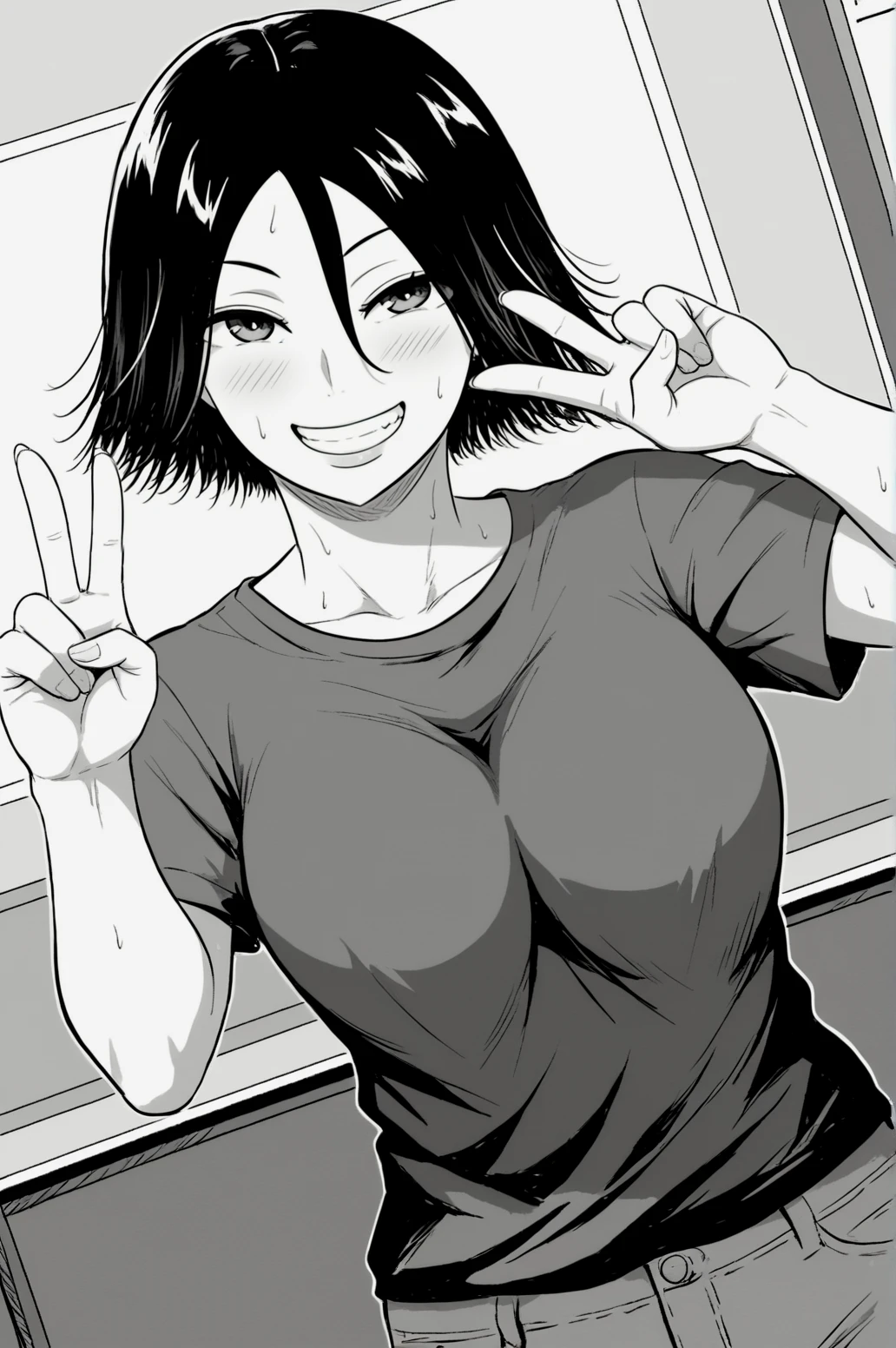 score_9, score_8_up, score_7_up, monochrome, manga_source, best background, detailed background, manga, grayscale   Mei, shirt,denim, short, horny, naughty face, dynamic angle, indoors, sweat, cowboy shot, victory fingers, grin, v fingers, <lora:JN_Mei:0.8>