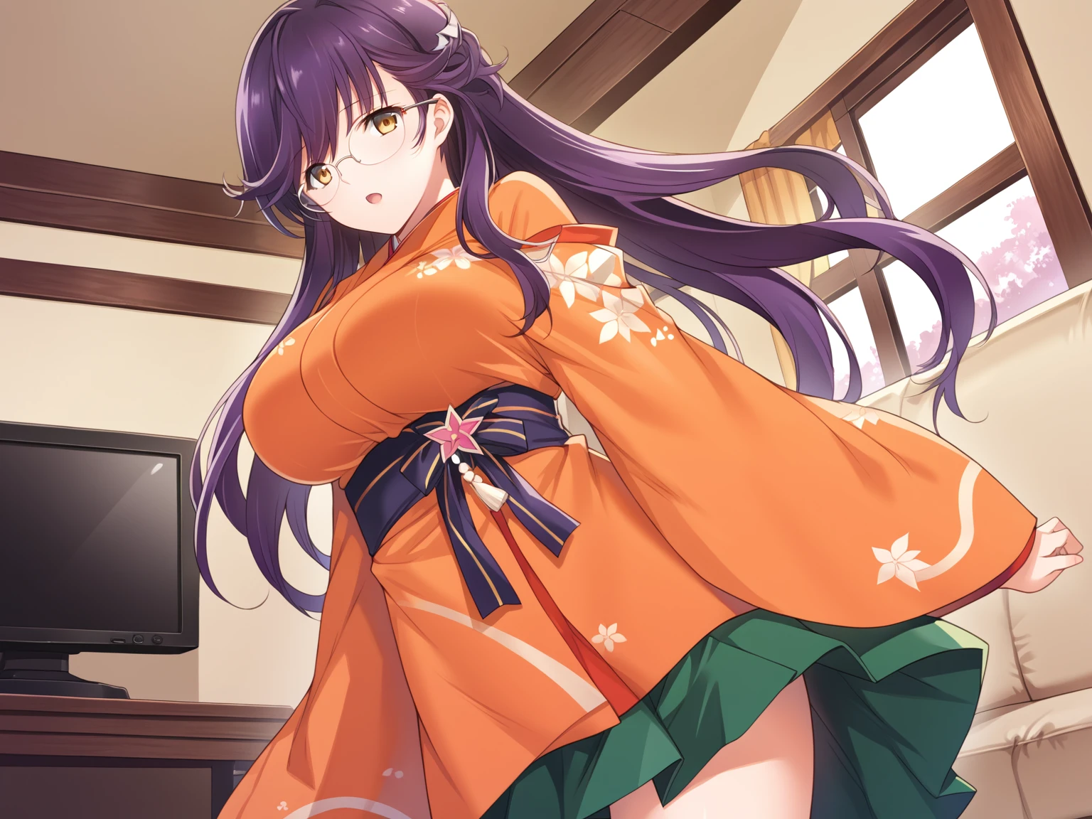 alicesoft,saki,skirt under dress,1girl,solo,japanese clothes,glasses,long hair,amber eyes,kimono,open mouth,orange kimono,skirt,wide sleeves,violet hair,large breasts,green skirt,skirt,
<lora:Alicesoft_-_Haha_Ranman_-_Mayuko_Saki_Uka:1>,indoors,living room,window,couch,television,standing,, score_9, score_8_up, score_7_up,source_anime,(masterpiece),(best quality),(ultra-detailed),(best illustration),(best shadow),(absurdres),(detailed background),(very aesthetic),source_anime