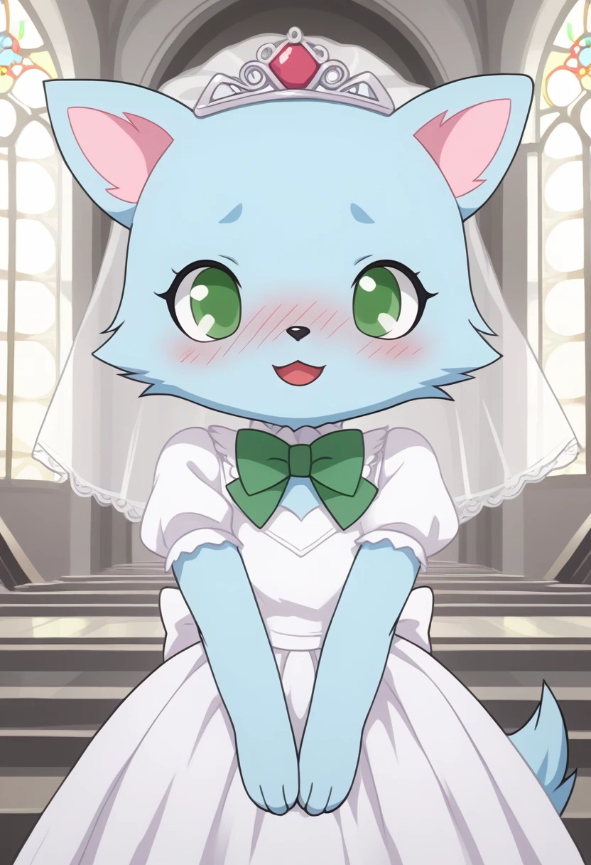 score_9, score_8_up, score_7_up, score_6_up, score_5_up, BREAK
m1lky, anthro, female, jewelpet, solo, bow, green eyes, green bowtie, no humans, :3, church, blue fur, standing, shy, smile, open mouth, wedding dress, wedding veil, blush, deep blush, nose blush,