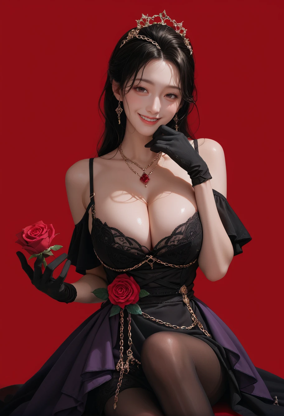 1girl,red background,,ruanyi1162,black dress,purple skirt,red gemstone,red rose,black gloves,black pantyhose,hair ornament,chain,necklace,<lora:1162 Canaanite Night Kiss_v1_pony:1>, score_9, score_8_up, score_7_up, score_6_up, score_9, score_8_up, score_7_up, score_6_up source_anime, blush, horny, 1girl, seduce smile, perfect body , natural huge breasts , source _anime,