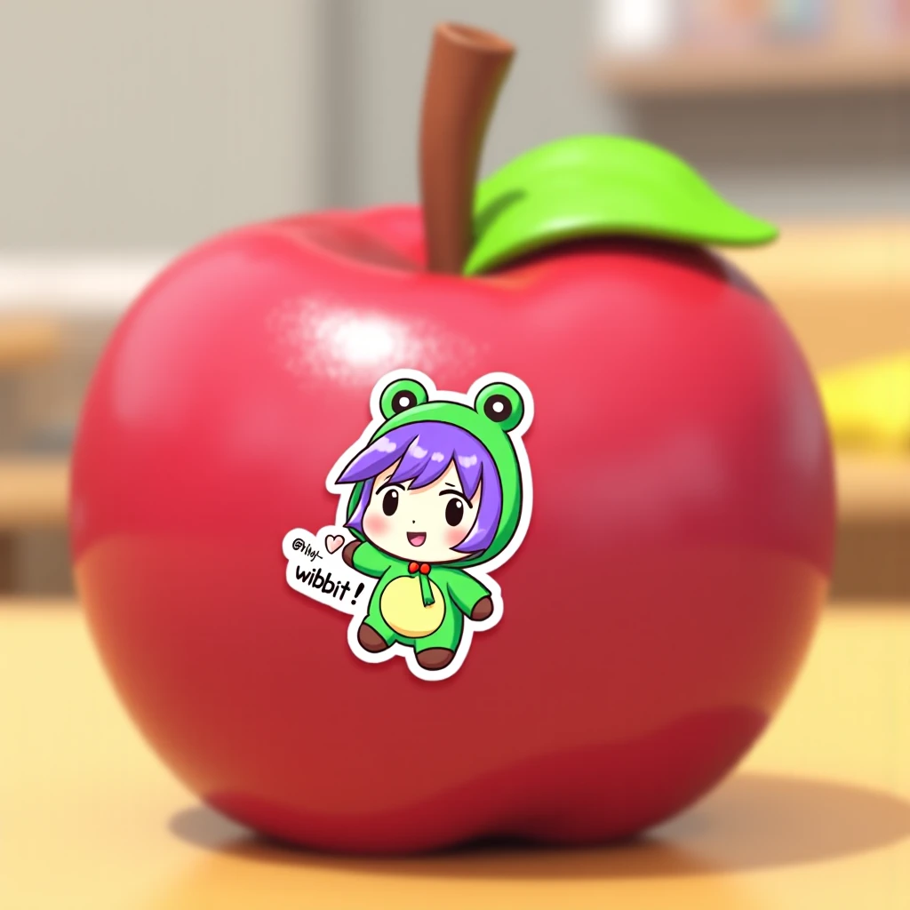 safe, anime, 
a sticker of a frog costume wearing girl stuck to the side of a 3d apple on top of a table, apple sticker, purple hair, text in sticker "wibbit!"