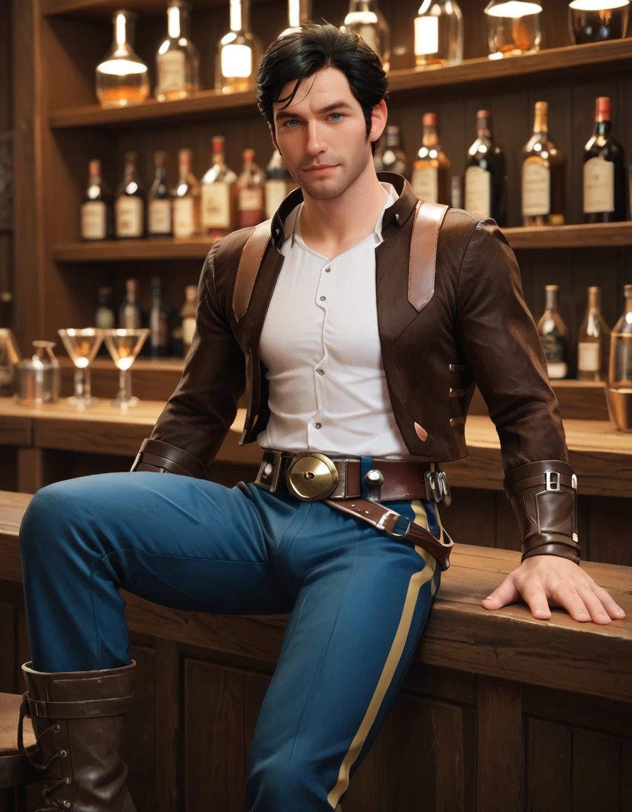 high quality, realistic, masterpiece, score_9, score_8_up, score_7_up, score_6_up, score_5_up, male focus
BREAK, <lora:SWTOR_-_Jonas_Balkar_-_Pony_3-000012:0.8>, (jonasbalkar, black hair, blue eyes, mature male, brown belt, brown jacket, white shirt, leather bracers, blue pants, shoulder straps, boots), looking at viewer, cowboy shot, sitting in a bar