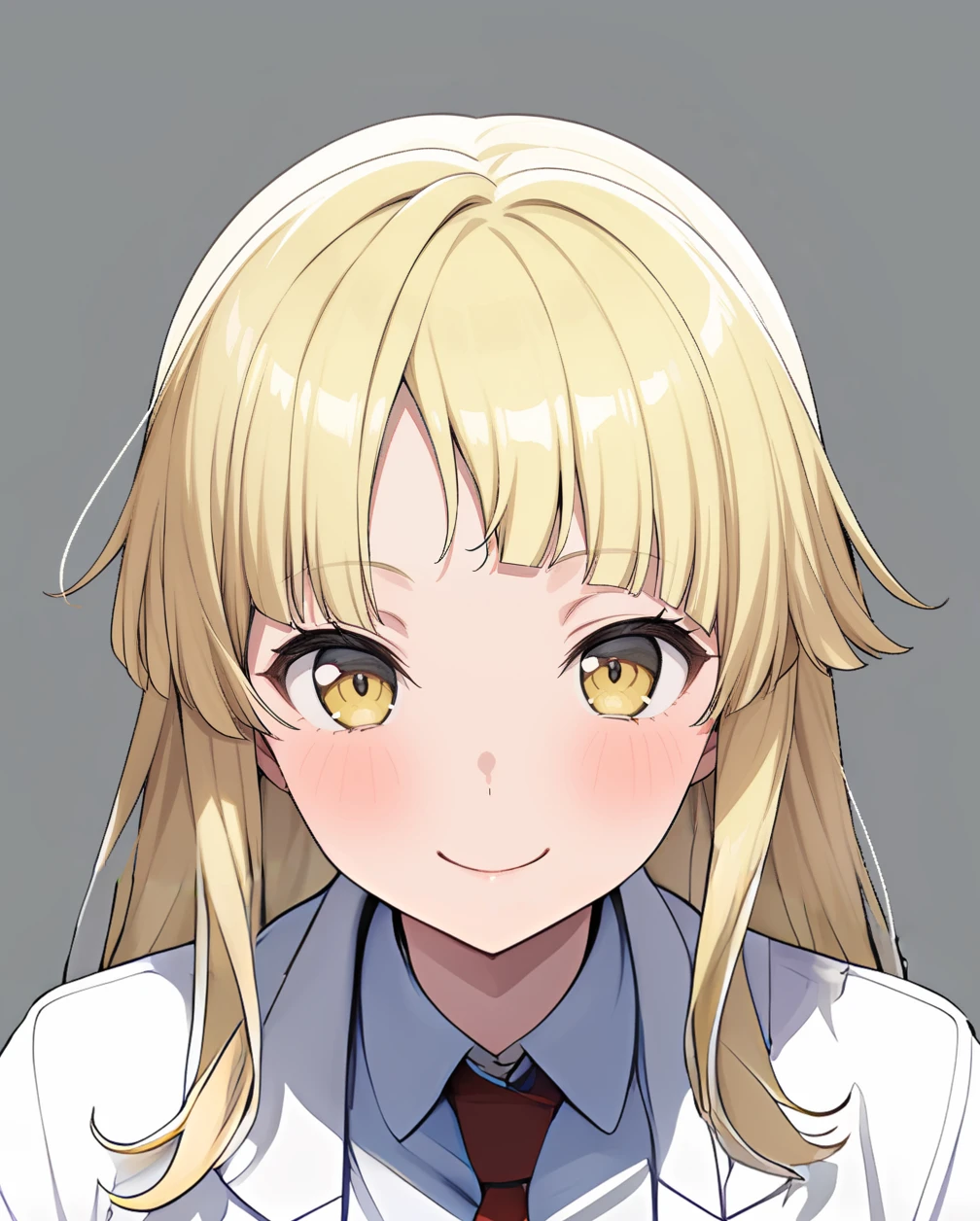 solo,1 girl,detailed,highres,(masterpiece:1.1),best quality,simple background,(grey background:1.2),(frontview:1.2),looking_at_viewer,standing,bangs,blonde hair,long hair,<lora:kokoro:1.2>,
smile,happy,