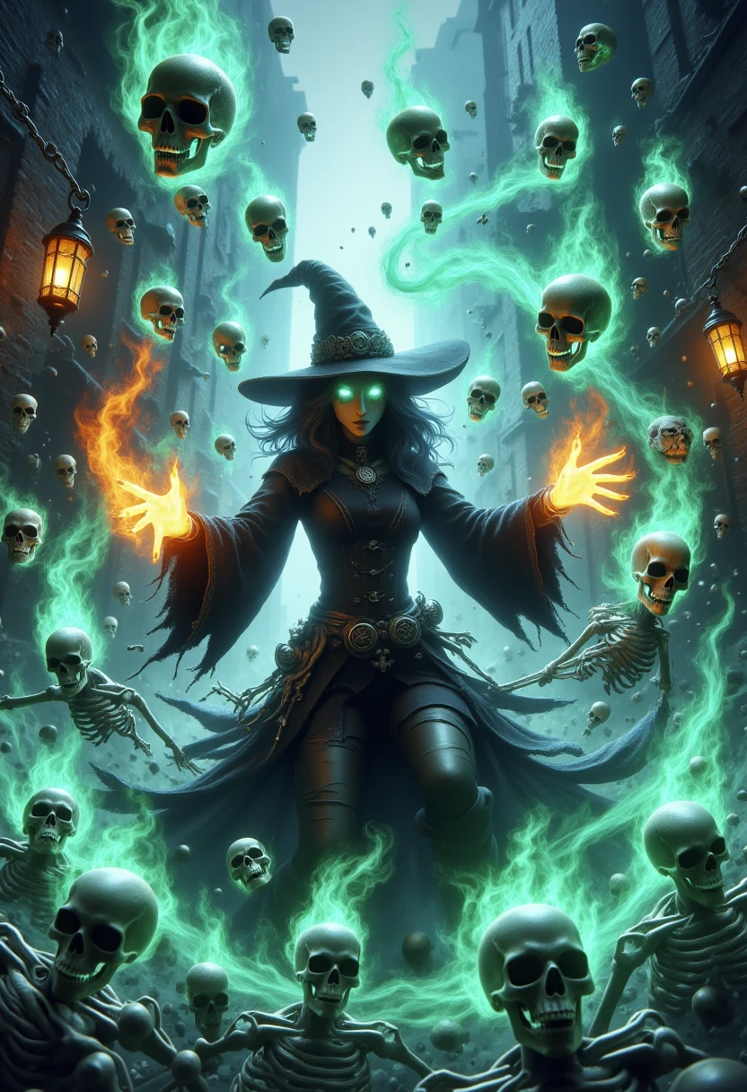 skelewitch, a witch, casting spell, with hands engulfed in fiery blaze, radiant glowing eyes, surrounded by swirling vortex of green and blue flame-formed skulls and skeletons, amidst ethereal aura, pulsing energy flow, and turbulent wind whispers. Against backdrop of foggy gothic metropolis filled with densely packed gothic architecture buildings, their walls lined with rusted metal and stones, as lantern flicker ominously above skeleton crowded streets where shadowy figures hurry through the cold, Otherworldly and eeries atmosphere.