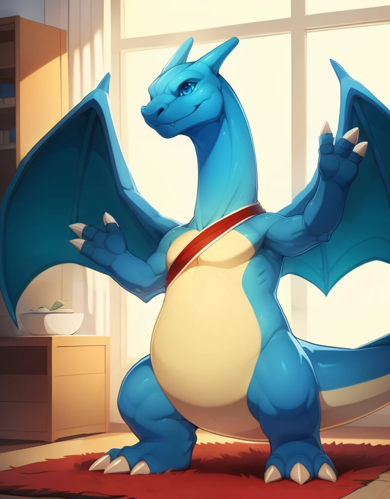 (((detailed eyes, detailed face))), (feral, player2 charizard <lora:character_charizard_pokken_findigo_v3+1:1>, grey skin, green wings, claws, 3 fingers, blue eyes, white sclera, shoulder sash), male, (solo), (plump), (sfw), standing, (arms up), smile, (front view) BREAK (by Victo Ngai, by Snowskau, by Victo Ngai), bedroom, (flat shading, flat color, high brightness), 8k, UHD, masterpiece, (full body)