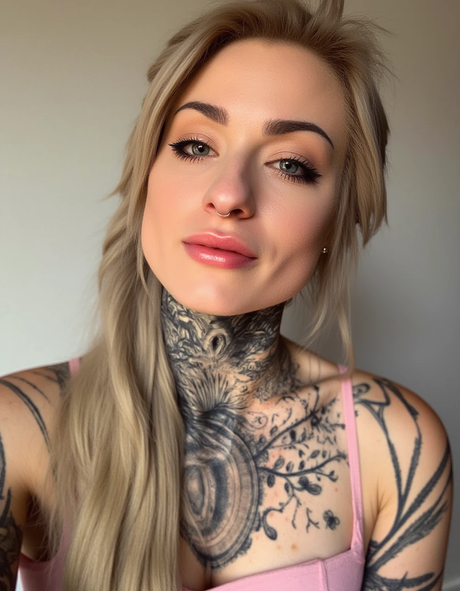 <lora:Ryan_Ashley-FLUX:1.25> ohwx woman, long blonde hair, tattoo,