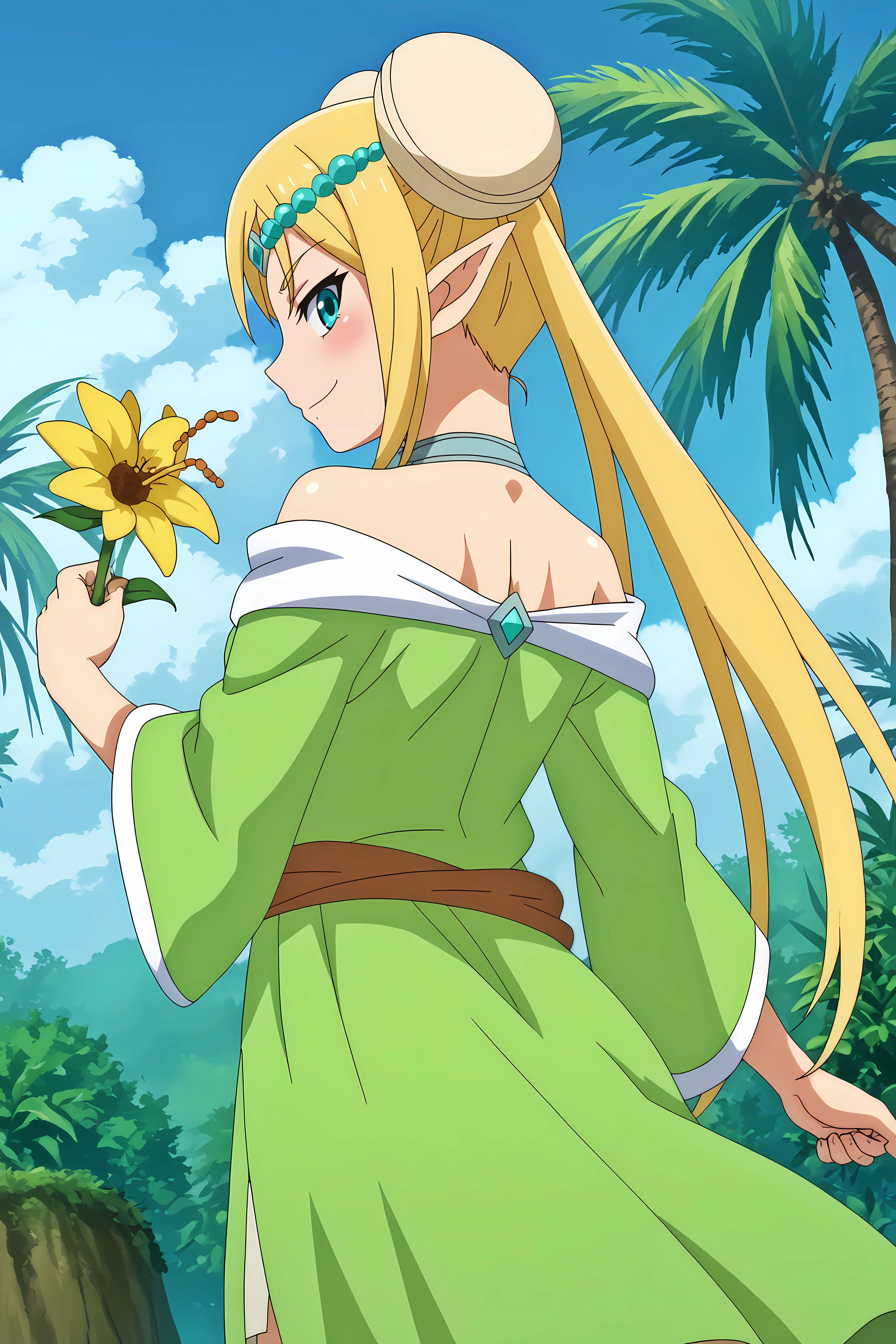 vegan eldriel,1girl,solo,twintails,long hair,pointy ears,elf,breasts,dress,circlet,small breasts,hair ornament,smile,from_behind, looking_back, looking_at_viewer,smile,holding flower

BREAK
outdoors,jungle,tree,blue sky,flower,palm_tree, yellow flower



<lora:Vegan_Eldriel_-_Peter_Grill_to_Kenja_no_Jikan.safetensors:0.8>
<lora:detailed_backgrounds_v2.safetensors:0.5>