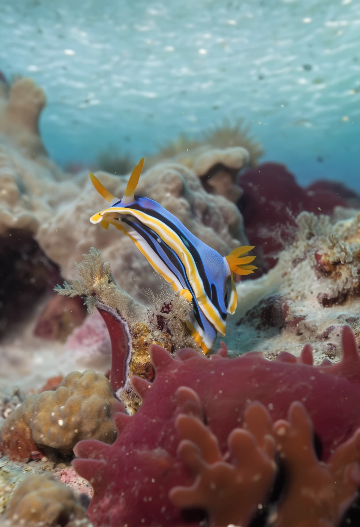 underwater wide shot photo from the side of a chromodoris annae at the botom of the image, coral reef and ((water surface)) in the background, (light rays:0.7), DoF, soft light, macro photography, coralline algae, marl,
BREAK
intricate detail, vibrant colors