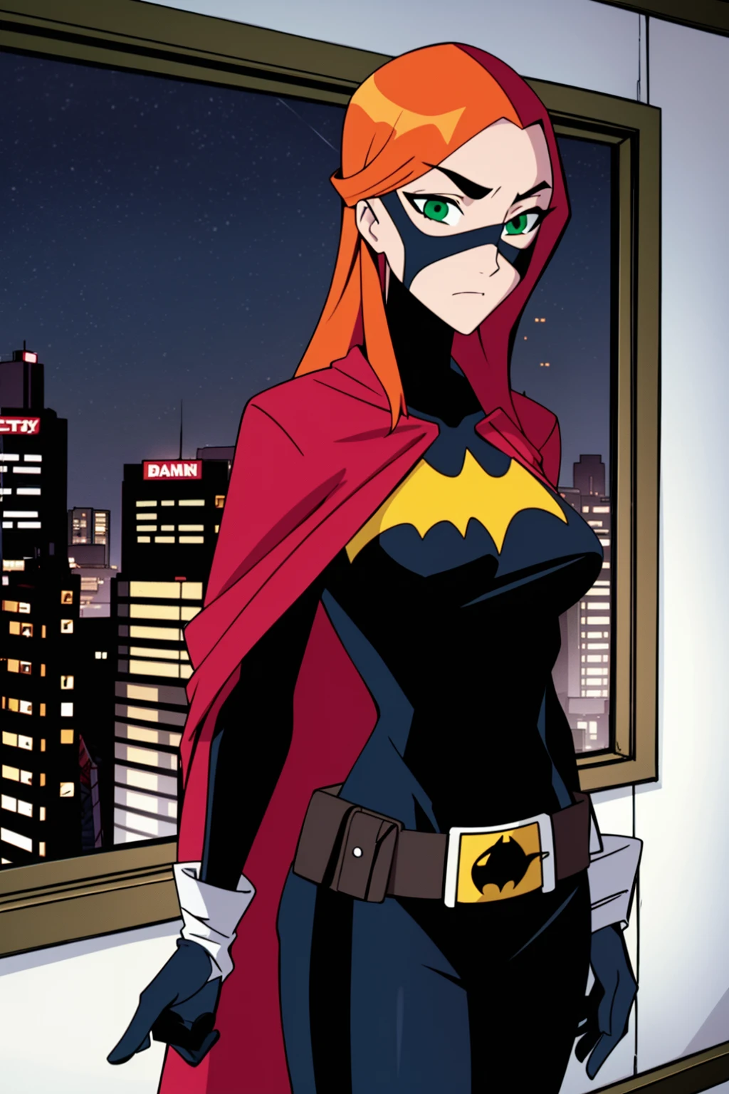 1girl, batgirl, belt, bodysuit, breasts, cape, domino mask, gloves, green eyes, long hair, mask, orange hair, pouch, solo, superhero, yellow gloves, ((night)), city, 

, ((masterpiece))