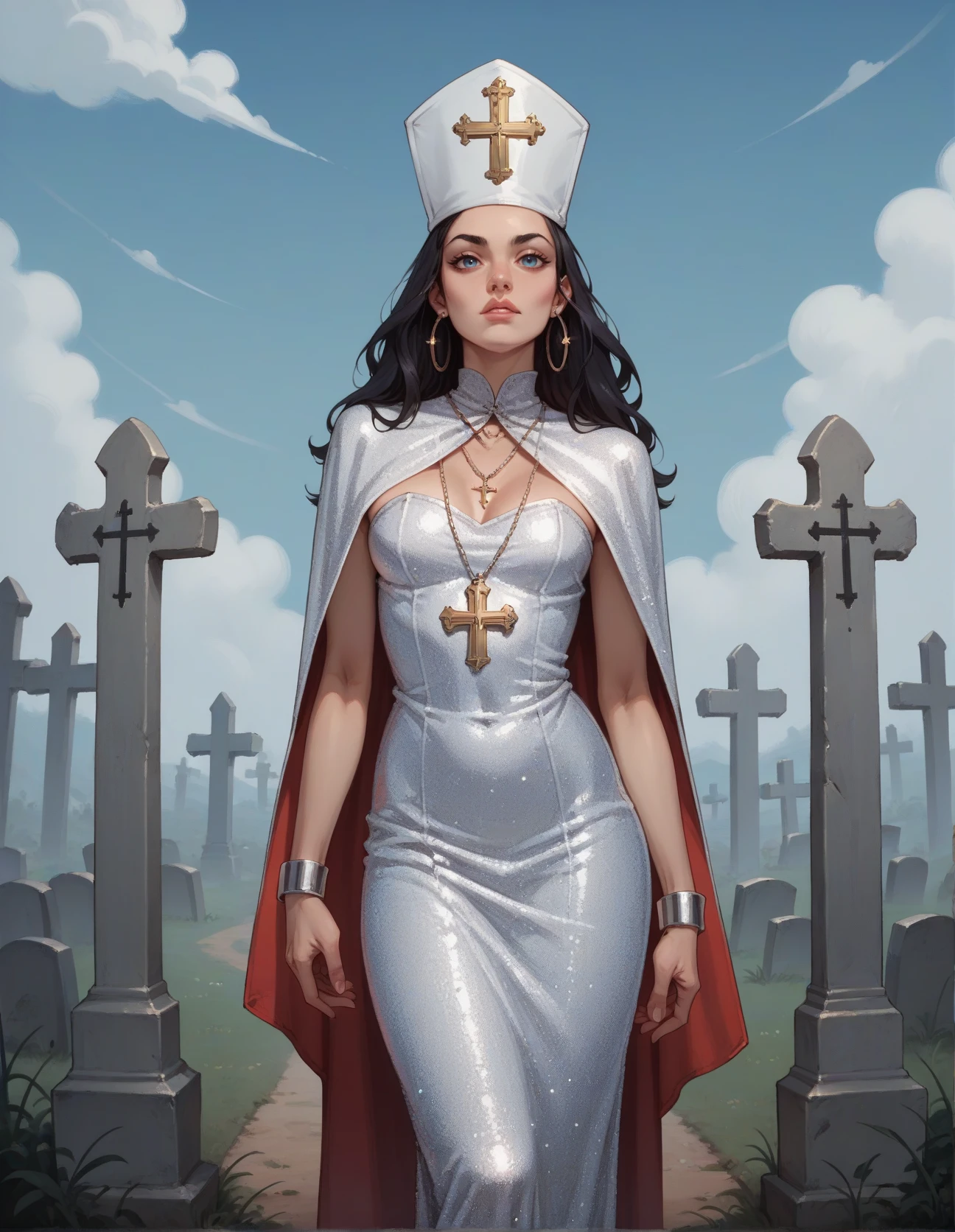 score_9, score_8_up, score_7_up, score_6_up, score_5_up, score_4_up, 1girl, solo, long black hair, earrings, bracelet, multiple necklaces hud_p0pe, priest hat, strapless dress, sequins, cape, <lora:hud_p0pe_XLP:0.6>, graveyard, blue sky,