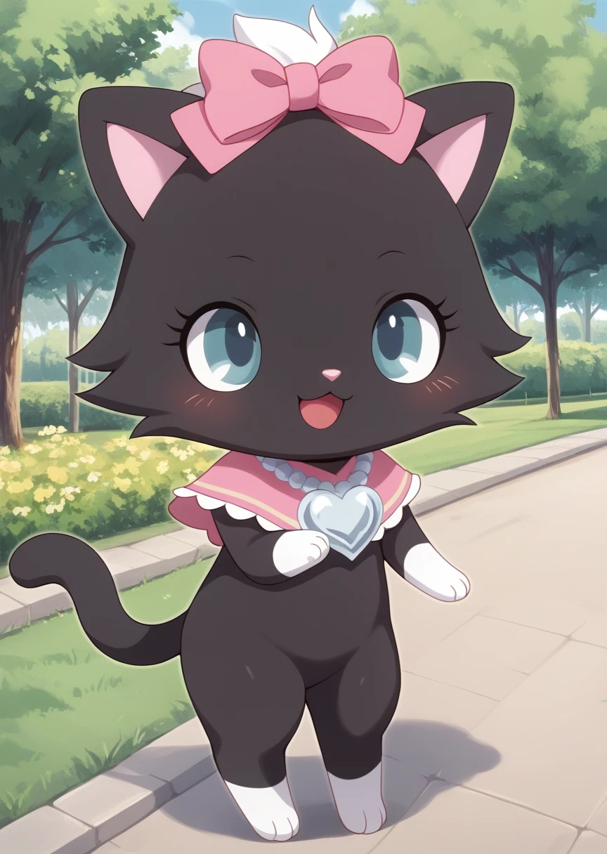 score_9, score_8_up, score_7_up, score_6_up, score_5_up, BREAK
di4na, anthro, female, jewelpet, solo, open mouth, smile, bow, hair bow, heart, no humans, :3, park, pink bow, standing, furry