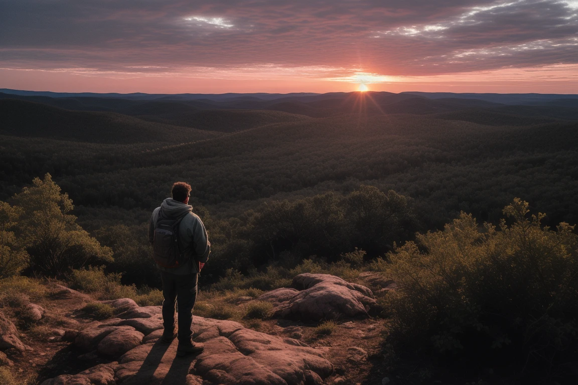 A rugged man stands atop a forested mountain at sunset, gripping a shotgun firmly. His face is set in a fierce scowl, his eyes narrowed with intense determination. The golden light of the setting sun casts a dramatic glow over the dense trees and rocky landscape around him. Dressed in rugged, weathered clothing, he looks out over the vast, sprawling forest below, the sky painted with warm hues of orange, pink, and purple. The atmosphere is tense yet serene, with a powerful, solitary energy radiating from the scene.