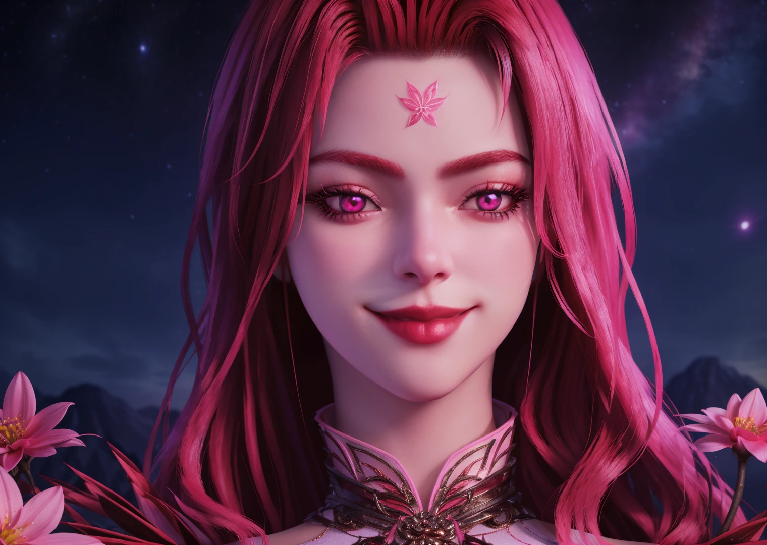 1girl,solo,pink hair,pink eyes,red lips,smile,looking at viewer,starry sky,flower,fantasy,((glowing)),close-up,(blurry),depth of field,3d,Highly detailed,(ultra-detailed),(best quality,masterpiece:1.5),<lora:xidi:0.7>,<lora:ç»èè°æ´2.0:0>,