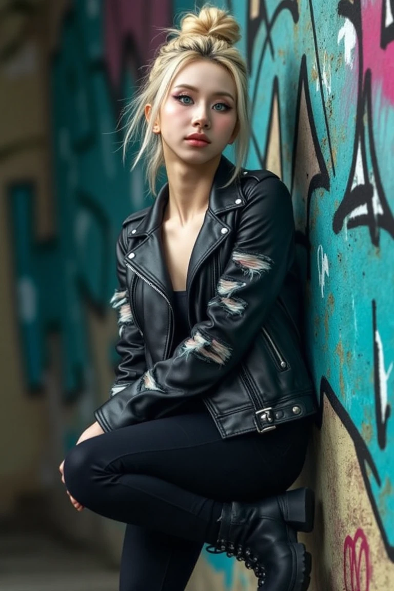 cinematic, cinematic lighting, ultra detailed textures and colors, ultra realistic, 8k, a young dyed blonde woman with piercing blue eyes, posing against a graffiti-covered wall in a distressed leather jacket, skinny black jeans, and combat boots. Her hair is styled in a messy bun, with colorful streaks. The scene is illuminated by harsh, dramatic lighting to emphasize the textures of the surroundings, creating a bold, edgy look,chaeyoung,twicech,twicha