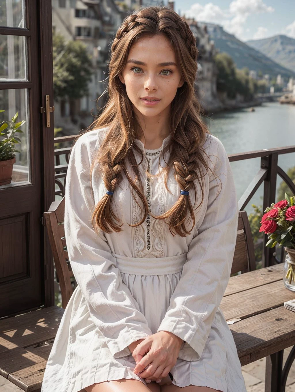 <lora:PE_MarineLorphelin_v3:1> ma8lo, Viking woman, traditional dress, French braid, Scandinavian landscape