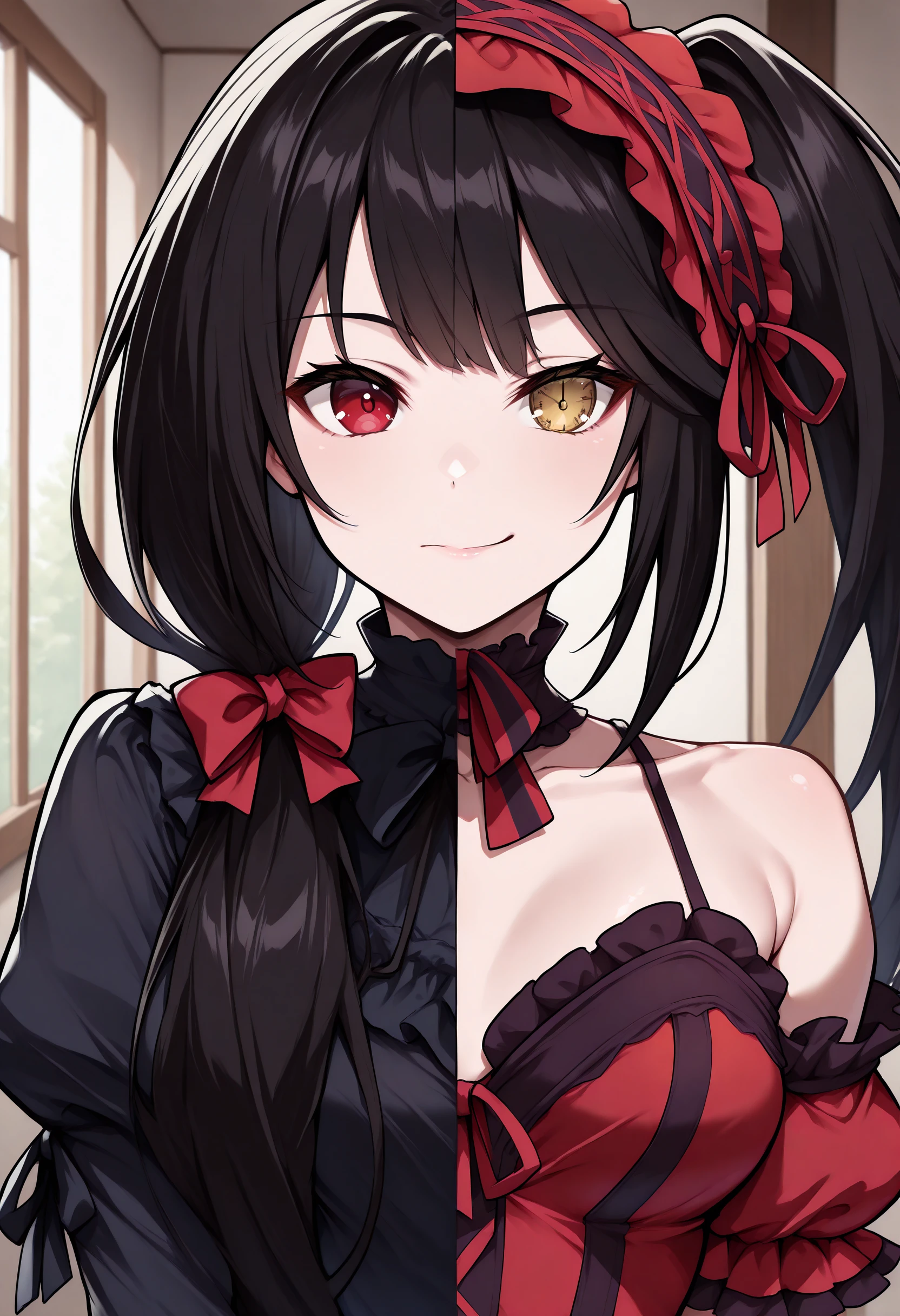 masterpiece, best quality, indoors, 1girl, SplitScreen, split screen, upper body, <lora:SplitScreen_illusXL_Incrs_v1:1>,  <lora:ChamKurumiIllustriousXL:1>, KrmiBlck, black hair, low twintails, red eye, hair bow, black dress, long sleeves, frilled dress, expressionless, 
masterpiece, best quality, indoors, 1girl, SplitScreen, split screen, upper body, <lora:SplitScreen_illusXL_Incrs_v1:1>, <lora:ChamKurumiIllustriousXL:1>, KrmiDef, clock eyes, yellow eye, black hair, long hair, uneven twintails, hairband, red dress, bare shoulders, collarbone, striped bow, frills, detached sleeves, frilled choker, seductive smile,