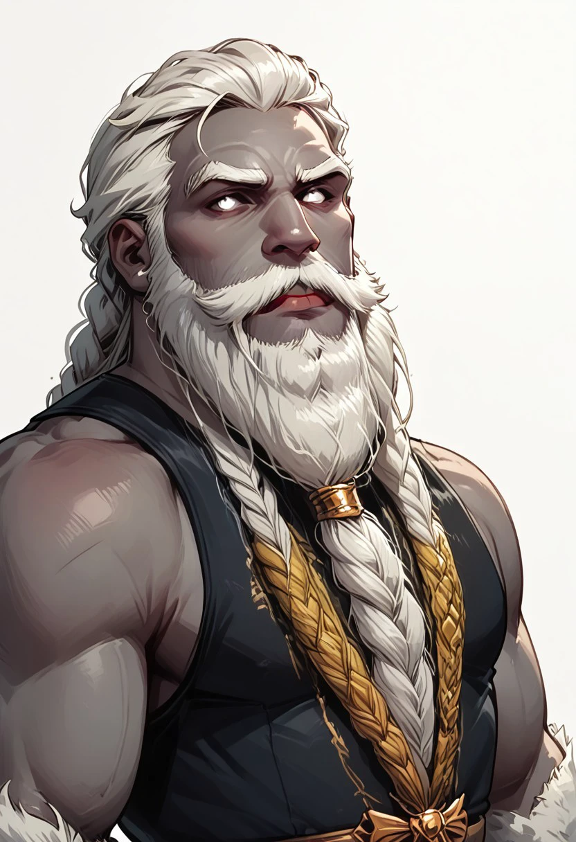 score_9, score_8_up, score_7_up, solo, solo focus, male focus, 1 boy, male, beard, facial hair, braid, braided beard, big beard, epic beard, Duergar, grey skin, grey colored skin,  white hair, white eyes, short stature, big nose, wide shoulders, muscular,